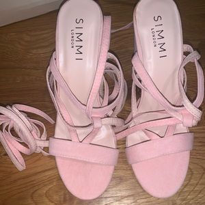 Pink suede lace up block heels
